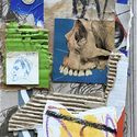 <i>Death in Venice</i>, mixed media collage on book cover, 12.25 x8 .75 2023