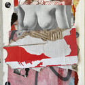 <i>The Undresss</i>, mixed media collage on book cover, 11 x 9.25, 2023