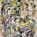 <i>The Vanishing Act,</i>, acrylic, spray paint and oil pastel on unstretched canvas, 58.5 x 50.75, 2023
